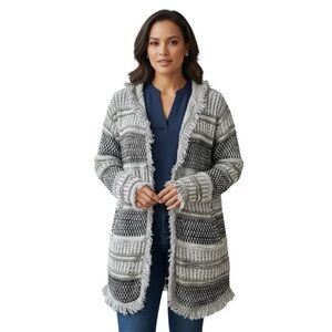 Fylo Large Long Fringe Hood Cardigan Neutral Fall Winter Layering